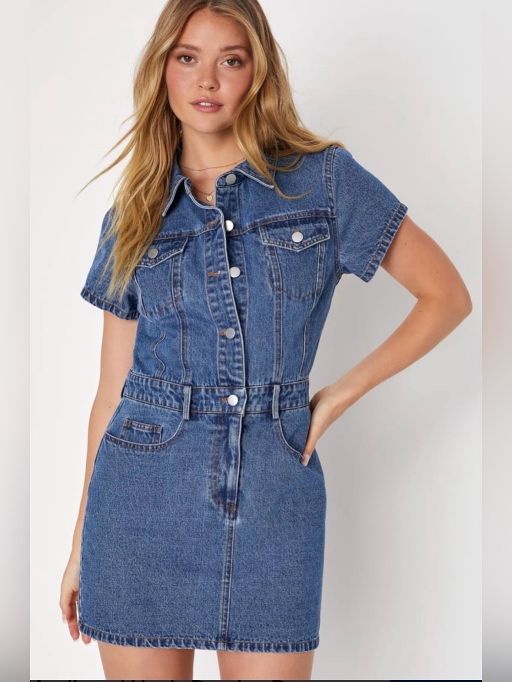NWT Lulus Medium Wash Denim Mini Dress, Button Front, Short Sleeves, Size Small - Picture 15 of 16